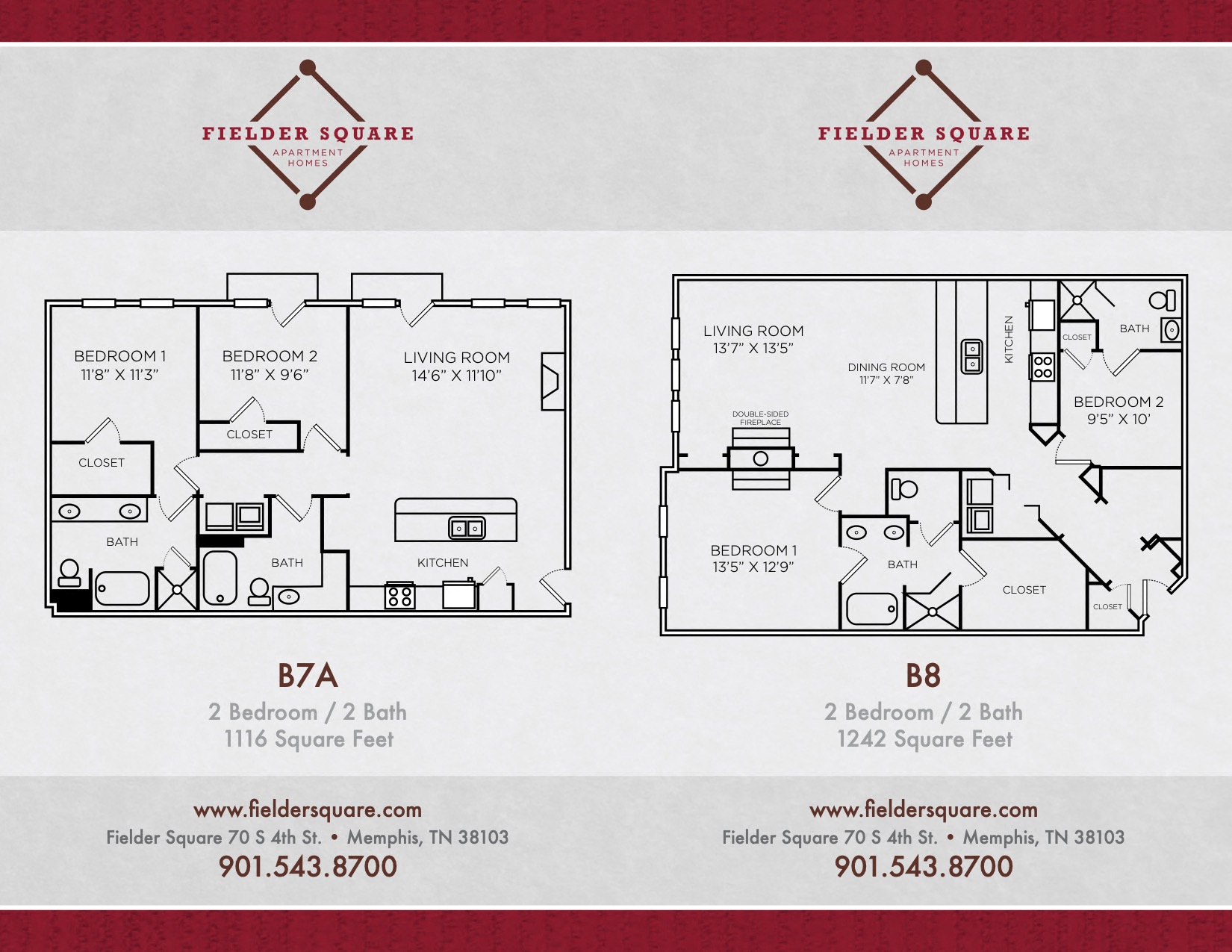 Floor plan for 2 beds, 2 baths, 1242 sqft